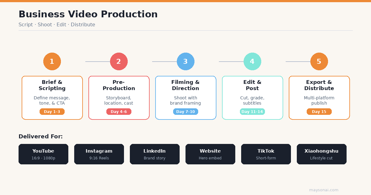 A business video production workflow diagram showing briefing, pre-production, filming, post-production, and distribution, along with delivery formats for YouTube, Instagram, LinkedIn, website, TikTok, and Xiaohongshu.