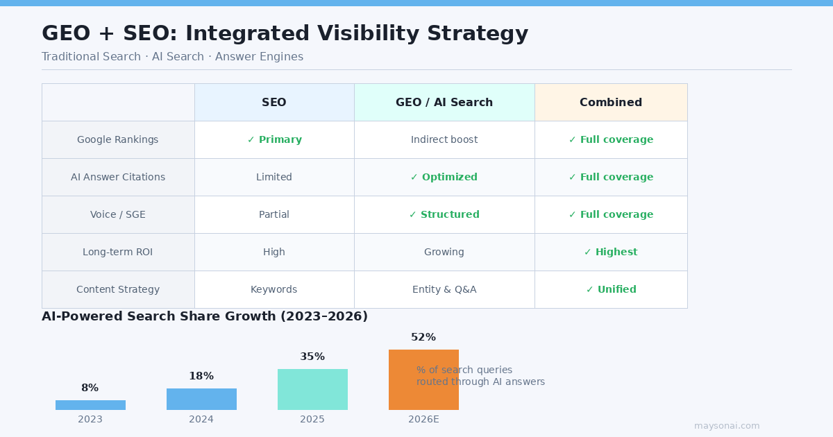 A comparison chart showing how SEO, GEO / AI Search, and a combined strategy differ across rankings, AI citations, voice search, ROI, and content planning.