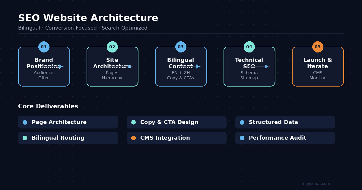 一张网站架构流程图，包含品牌定位、站点结构、双语内容、技术 SEO 和上线迭代五个阶段。
