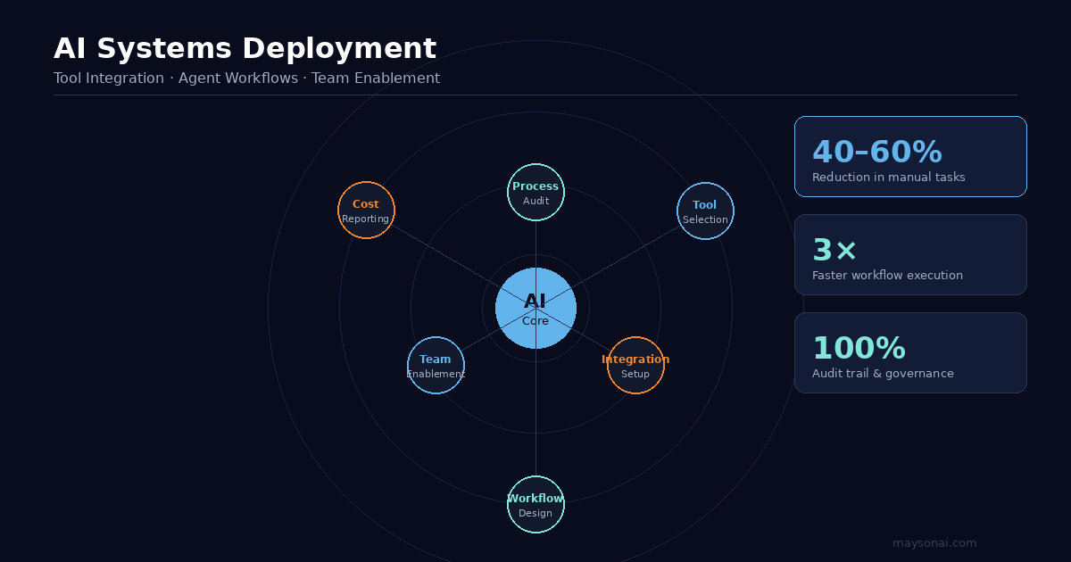 An AI systems deployment diagram centered on an AI core, with process audit, tool selection, integration, workflow design, team enablement, and cost management.
